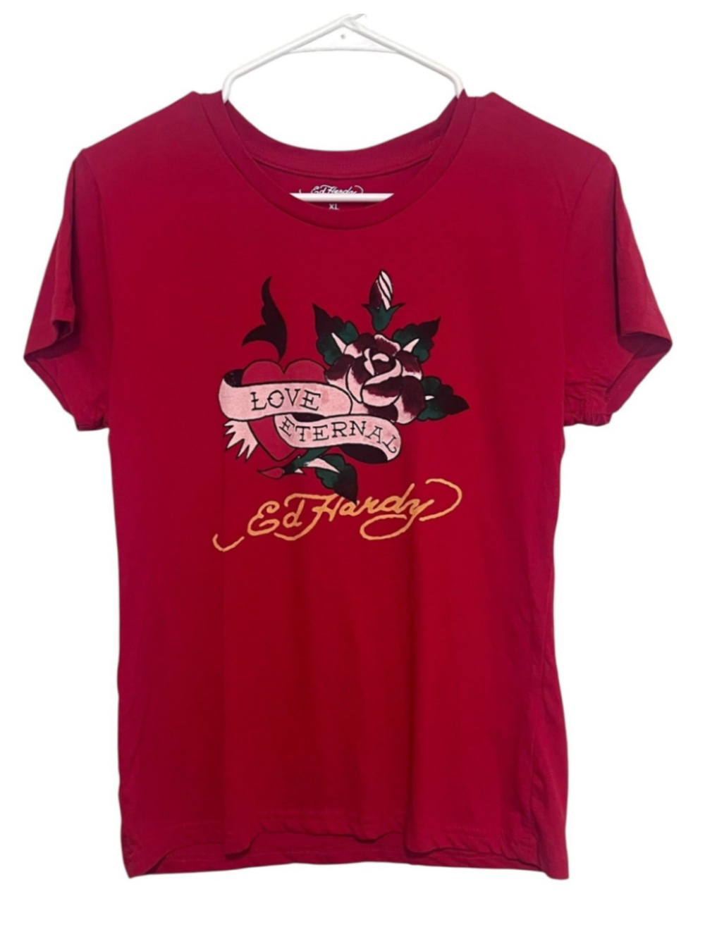 Ed Hardy Love Eternal T-Shirt Womens XL Red Heart Rose Signature Y2K Graphic Tee